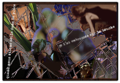 KAFKA. VERS MINUIT 4Quand nous étions seuls dans la pièce, je l’ai embrassée sur la bouche.image en largeur, au format 30 x 40 cmPhoto montages numériques sur palette graphique, dessin, blue screen, impression jet d’encres aux pigments.