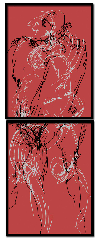 CL  DE 3DESSIN EN AVEUGLE, les yeux bandés, par touché du corps. Dessins repris scannés et travaillés sur palette graphique. Chaque image, au format 30 x 40, est imprimée par jet d'encres aux pigments.Les initiales désignent en premier celui qui dessine, en second, celui qui est dessiné80 X 30   octobre 2010