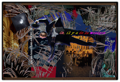 KAFKA. VERS MINUIT 28Au loin, on entendait les chevaux. Oh ! il y a de la musique !image en largeur, au format 30 x 40 cmPhoto montages numériques sur palette graphique, dessin, blue screen, impression jet d’encres aux pigments.