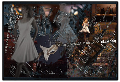 KAFKA. VERS MINUIT 9Je ne savais qu’une chose : elle portait une robe blanche.image en largeur, au format 30 x 40 cmPhoto montages numériques sur palette graphique, dessin, blue screen, impression jet d’encres aux pigments.