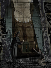 DEVANT LA LOI 7image en hauteur, au format 30 x 40 cm   existe aussi au format 60 x 80Photo montages numériques, dessin, blue screen, impression jet d’encres aux pigments.