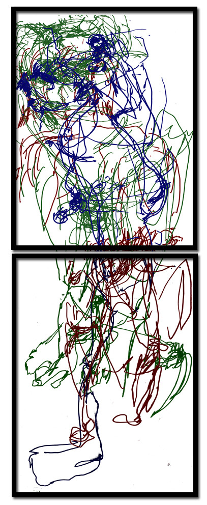 DE  CL  3 COULEURSDESSIN EN AVEUGLE, les yeux bandés, par touché du corps. Dessins repris scannés et travaillés sur palette graphique. Chaque image, au format 30 x 40, est imprimée par jet d'encres aux pigments.Les initiales désignent en premier celui qui dessine, en second, celui qui est dessiné80 X 30   octobre 2010