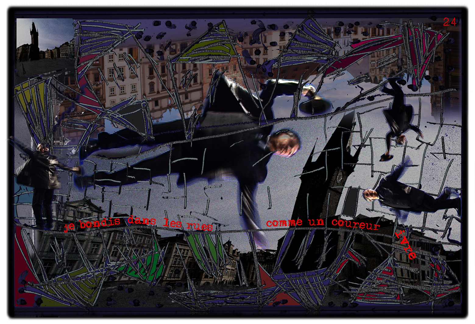 KAFKA. VERS MINUIT 24Je bondis dans les rues, comme un coureur ivre.image en largeur, au format 30 x 40 cmPhoto montages numériques sur palette graphique, dessin, blue screen, impression jet d’encres aux pigments.