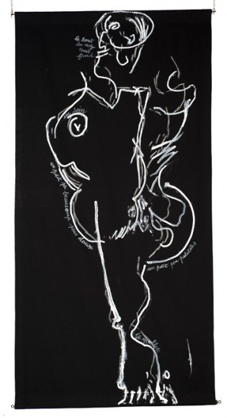 toile tissu noir - dessins de Mado numérisés et agrandis par vidéo projectionDessin à la peinture acrylique blanche, directement au tube, pour créer unrelief, perceptible par les non voyants.200 x 100     2009-2010NDM - DE - PROFIL