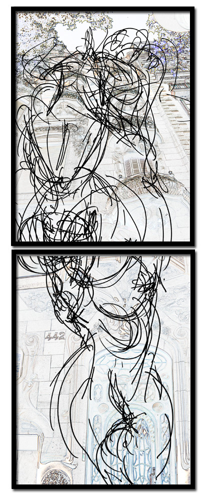 CL  OL  DOS BARCADESSIN EN AVEUGLE, les yeux bandés, par touché du corps. Dessins repris scannés et travaillés sur palette graphique. Chaque image, au format 30 x 40, est imprimée par jet d'encres aux pigments.Les initiales désignent en premier celui qui dessine, en second, celui qui est dessiné80 X 30   octobre 2010