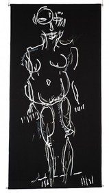 toile tissu noir - dessins de Mado numérisés et agrandis par vidéo projectionDessin à la peinture acrylique blanche, directement au tube, pour créer unrelief, perceptible par les non voyants.200 x 100     2009-2010NDM - DE - FACE