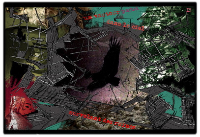 KAFKA. VERS MINUIT 15Un vautour passa dans le ciel, survolant les ruines.image en largeur, au format 30 x 40 cmPhoto montages numériques sur palette graphique, dessin, blue screen, impression jet d’encres aux pigments.