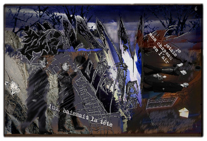 KAFKA. VERS MINUIT 6Je jetais mon chapeau en l’air, lui, baissait la tête.image en largeur, au format 30 x 40 cmPhoto montages numériques sur palette graphique, dessin, blue screen, impression jet d’encres aux pigments.