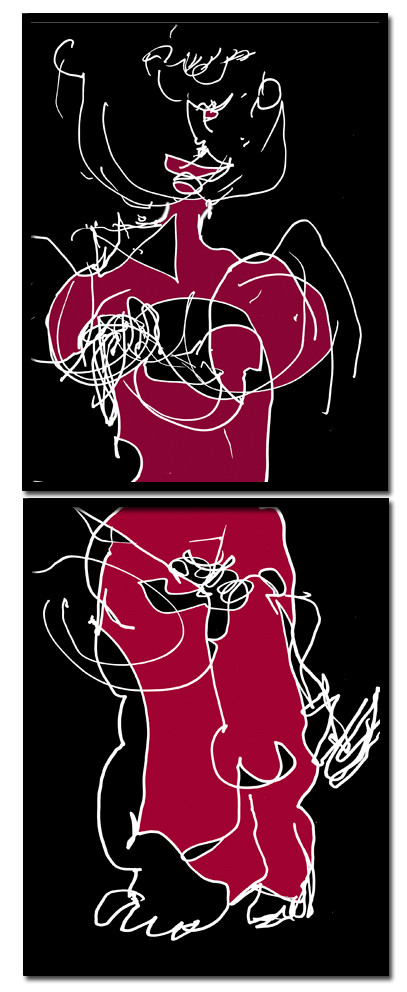 DE  MA   FACE ROUGEDESSIN EN AVEUGLE, les yeux bandés, par touché du corps. Dessins repris scannés et travaillés sur palette graphique. Chaque image, au format 30 x 40, est imprimée par jet d'encres aux pigments.Les initiales désignent en premier celui qui dessine, en second, celui qui est dessiné80 X 30   octobre 2010