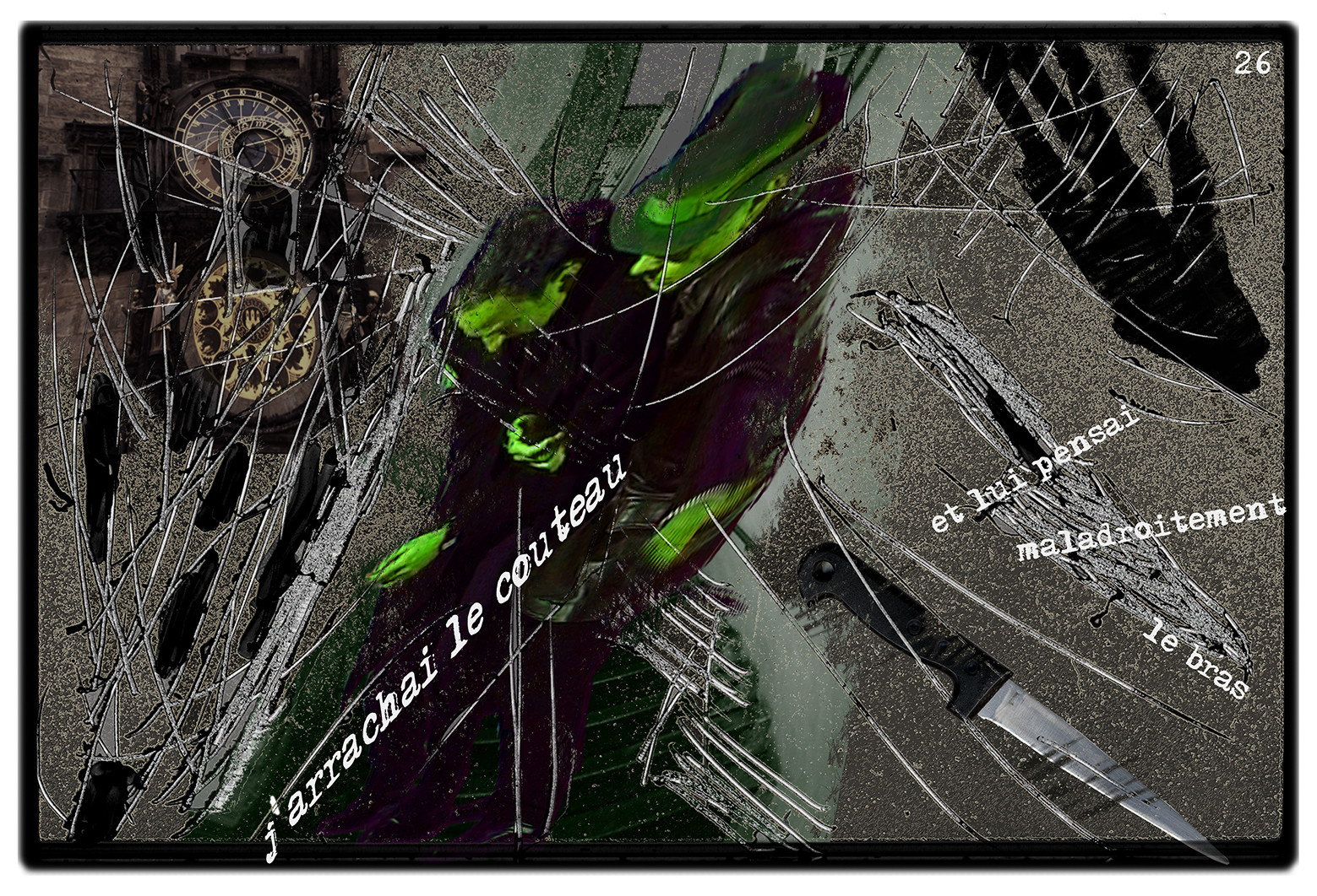 KAFKA. VERS MINUIT 26J’arrachais le couteau, et lui pansai maladroitement le bras.image en largeur, au format 30 x 40 cmPhoto montages numériques sur palette graphique, dessin, blue screen, impression jet d’encres aux pigments.