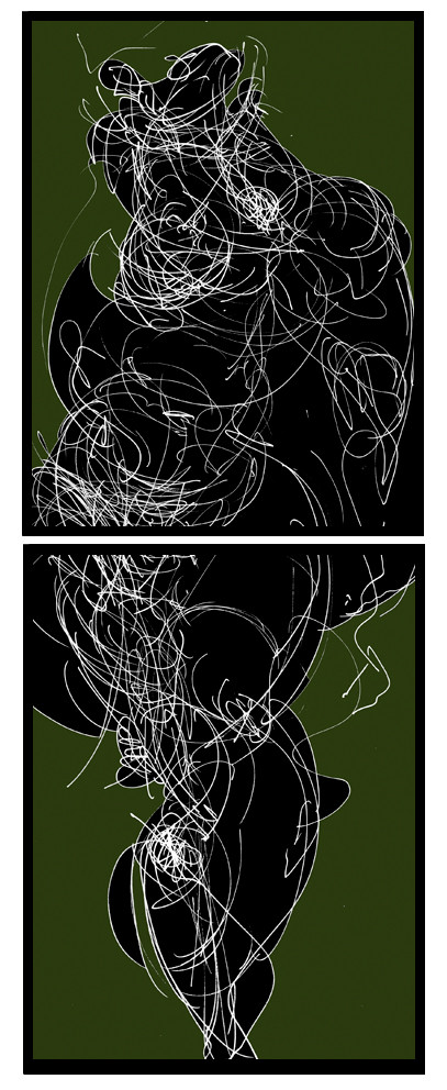 CL  MA 2DESSIN EN AVEUGLE, les yeux bandés, par touché du corps. Dessins repris scannés et travaillés sur palette graphique. Chaque image, au format 30 x 40, est imprimée par jet d'encres aux pigments.Les initiales désignent en premier celui qui dessine, en second, celui qui est dessiné80 X 30   octobre 2010