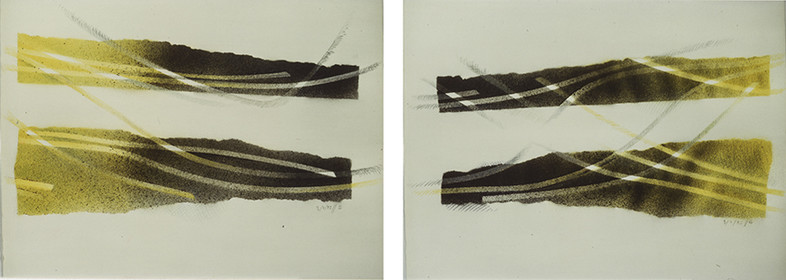 série des TRACES AIMANTÉES - pulvérisations d'encres, aimants en bandes - 2 fois 50 x 65 - 7  82