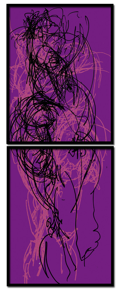 CL  BL DOC VIOLETDESSIN EN AVEUGLE, les yeux bandés, par touché du corps. Dessins repris scannés et travaillés sur palette graphique. Chaque image, au format 30 x 40, est imprimée par jet d'encres aux pigments.Les initiales désignent en premier celui qui dessine, en second, celui qui est dessiné80 X 30   octobre 2010