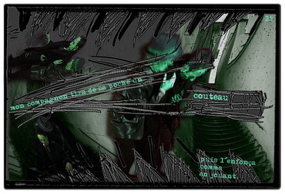 KAFKA. VERS MINUIT 25Mon compagnon tira de sa poche, un couteau, puis l’enfonça comme en jouant.image en largeur, au format 30 x 40 cmPhoto montages numériques sur palette graphique, dessin, blue screen, impression jet d’encres aux pigments.