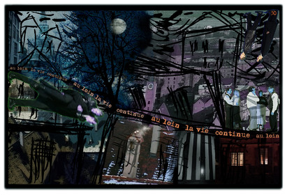 KAFKA. VERS MINUIT 30Au loin, la vie continue.image en largeur, au format 30 x 40 cmPhoto montages numériques sur palette graphique, dessin, blue screen, impression jet d’encres aux pigments.