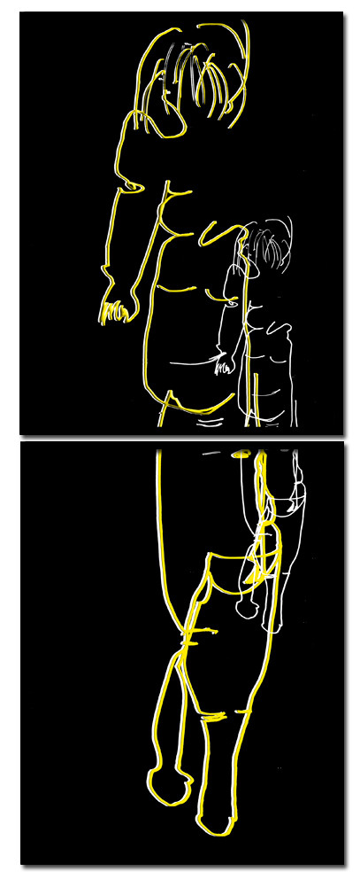 MA  DE  DOS JAUNEDESSIN EN AVEUGLE, les yeux bandés, par touché du corps. Dessins repris scannés et travaillés sur palette graphique. Chaque image, au format 30 x 40, est imprimée par jet d'encres aux pigments.Les initiales désignent en premier celui qui dessine, en second, celui qui est dessiné80 X 30   octobre 2010
