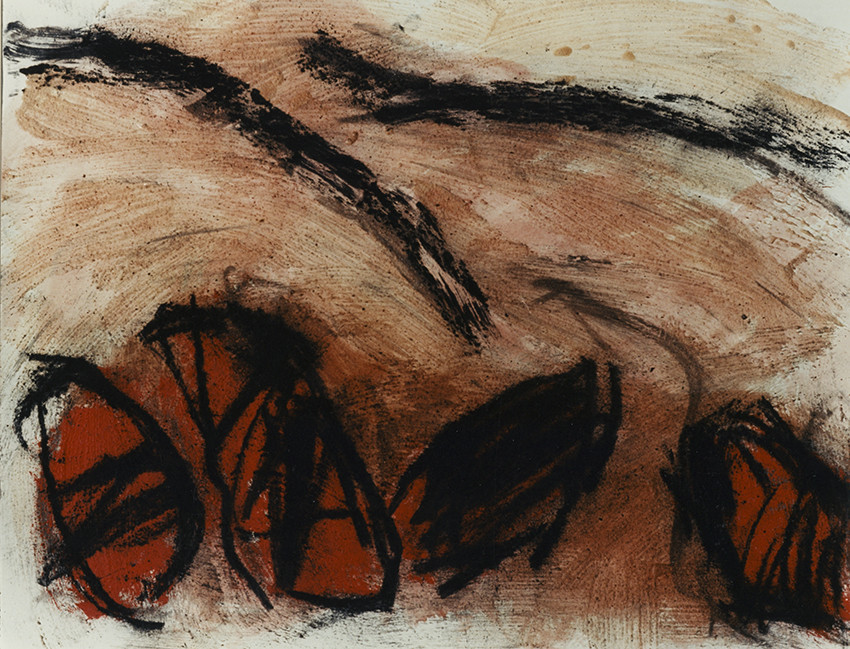 DERIVE  Acrylique, fusain, pigments, terre, poudre de marbre, bitume, graphite, sur papier16 - 8  - 1995  ( 4 )50 x 65