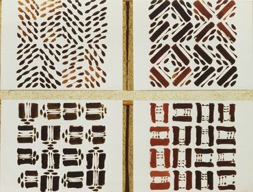 Légende :	dessins préparatoires aux CARRÉS DU DÉSIRDescription :dessins préparatoires aux CARRÉS DU DÉSIR - encres et pinceau chinois - 4 fois 50 x 65ensemble 9 à 12 - 1   80