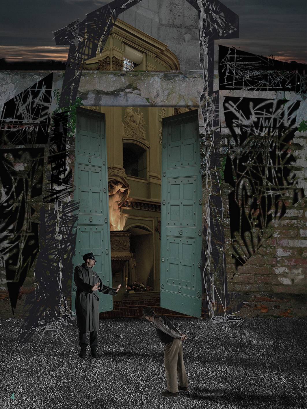 DEVANT LA LOI 4image en hauteur, au format 30 x 40 cm   existe aussi au format 60 x 80Photo montages numériques, dessin, blue screen, impression jet d’encres aux pigments.