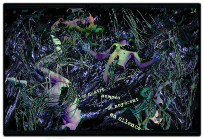 KAFKA. VERS MINUIT 14Les quatre hommes se noyèrent en silence.image en largeur, au format 30 x 40 cmPhoto montages numériques sur palette graphique, dessin, blue screen, impression jet d’encres aux pigments.