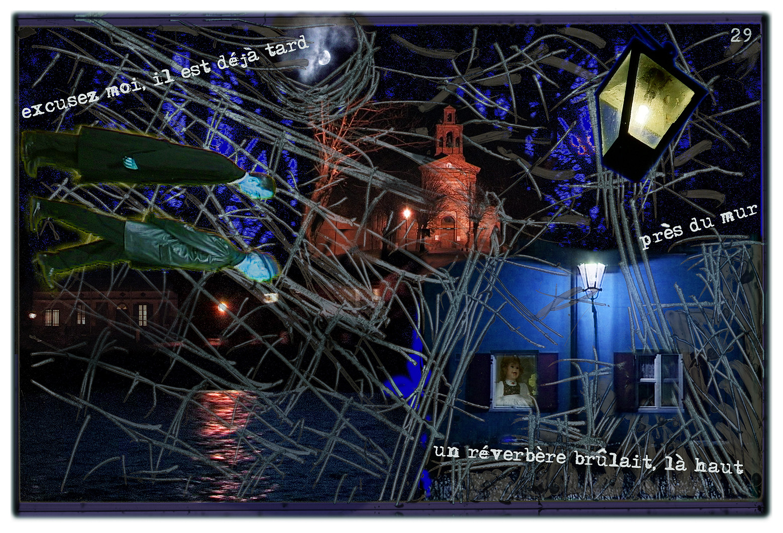 KAFKA. VERS MINUIT 29:Excusez-moi, il est déjà tard. Près du mur, un réverbère brûlait, là-haut.image en largeur, au format 30 x 40 cmPhoto montages numériques sur palette graphique, dessin, blue screen, impression jet d’encres aux pigments.