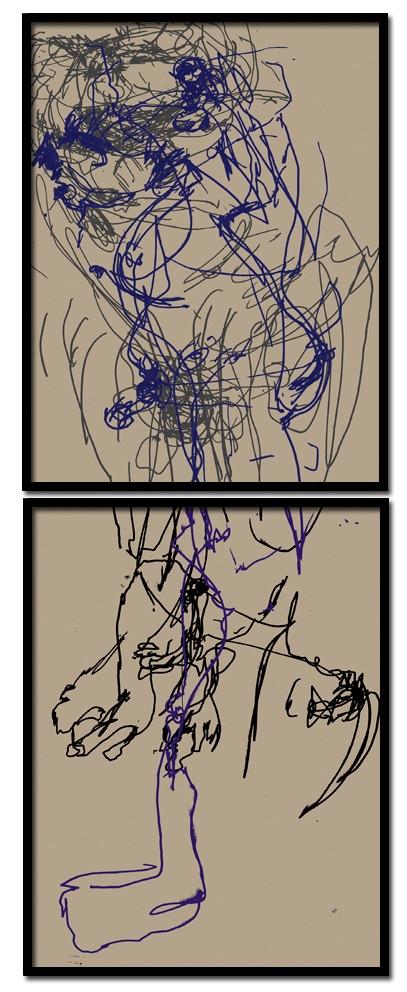 DE  CL  2 COULEURSDESSIN EN AVEUGLE, les yeux bandés, par touché du corps. Dessins repris scannés et travaillés sur palette graphique. Chaque image, au format 30 x 40, est imprimée par jet d'encres aux pigments.Les initiales désignent en premier celui qui dessine, en second, celui qui est dessiné80 X 30   octobre 2010