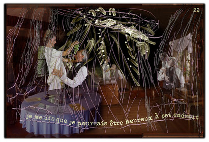 KAFKA. VERS MINUIT 22Je me dit que je pourrais être heureux à cet endroit.image en largeur, au format 30 x 40 cmPhoto montages numériques sur palette graphique, dessin, blue screen, impression jet d’encres aux pigments.