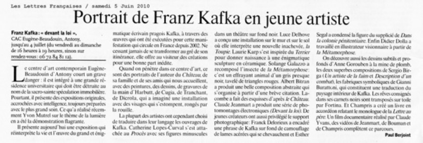 Article concernant l'Exposition Kafka; Devant la Loi, au Centre d'Art Contemporain d'Antony (2010)