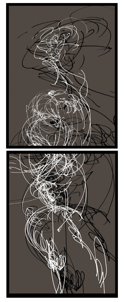 CL   MA  3DESSIN EN AVEUGLE, les yeux bandés, par touché du corps. Dessins repris scannés et travaillés sur palette graphique. Chaque image, au format 30 x 40, est imprimée par jet d'encres aux pigments.Les initiales désignent en premier celui qui dessine, en second, celui qui est dessiné80 X 30   octobre 2010