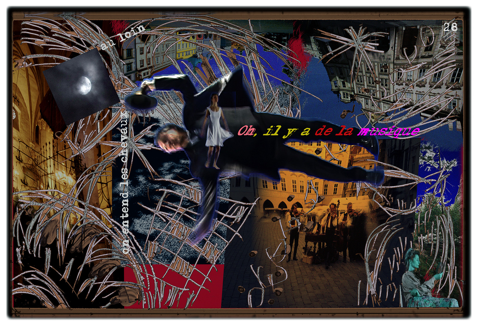 KAFKA. VERS MINUIT 28Au loin, on entendait les chevaux. Oh ! il y a de la musique !image en largeur, au format 30 x 40 cmPhoto montages numériques sur palette graphique, dessin, blue screen, impression jet d’encres aux pigments.