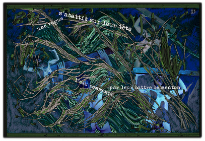 KAFKA. VERS MINUIT 13Une vague s’abattit sur leur tête. L’eau commença par leur battre le menton.image en largeur, au format 30 x 40 cmPhoto montages numériques sur palette graphique, dessin, blue screen, impression jet d’encres aux pigments.
