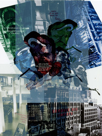 KAFKA. LE CHATIMENT D'AMALIA  6Description :Mais il se mit dans la tête qu’il devait payer davantage, ce qui était sûrement une erreur, car même si notre administration pour simplifier les choses, afin d‘éviter les discours inutiles, accepte les pots de vin, on ne peut rien obtenir par ce biais.Image en hauteur au format 30 x 40 cm.Photo montages numériques, dessin, impression par jet d’encres aux pigments, sur des transparents superposés.