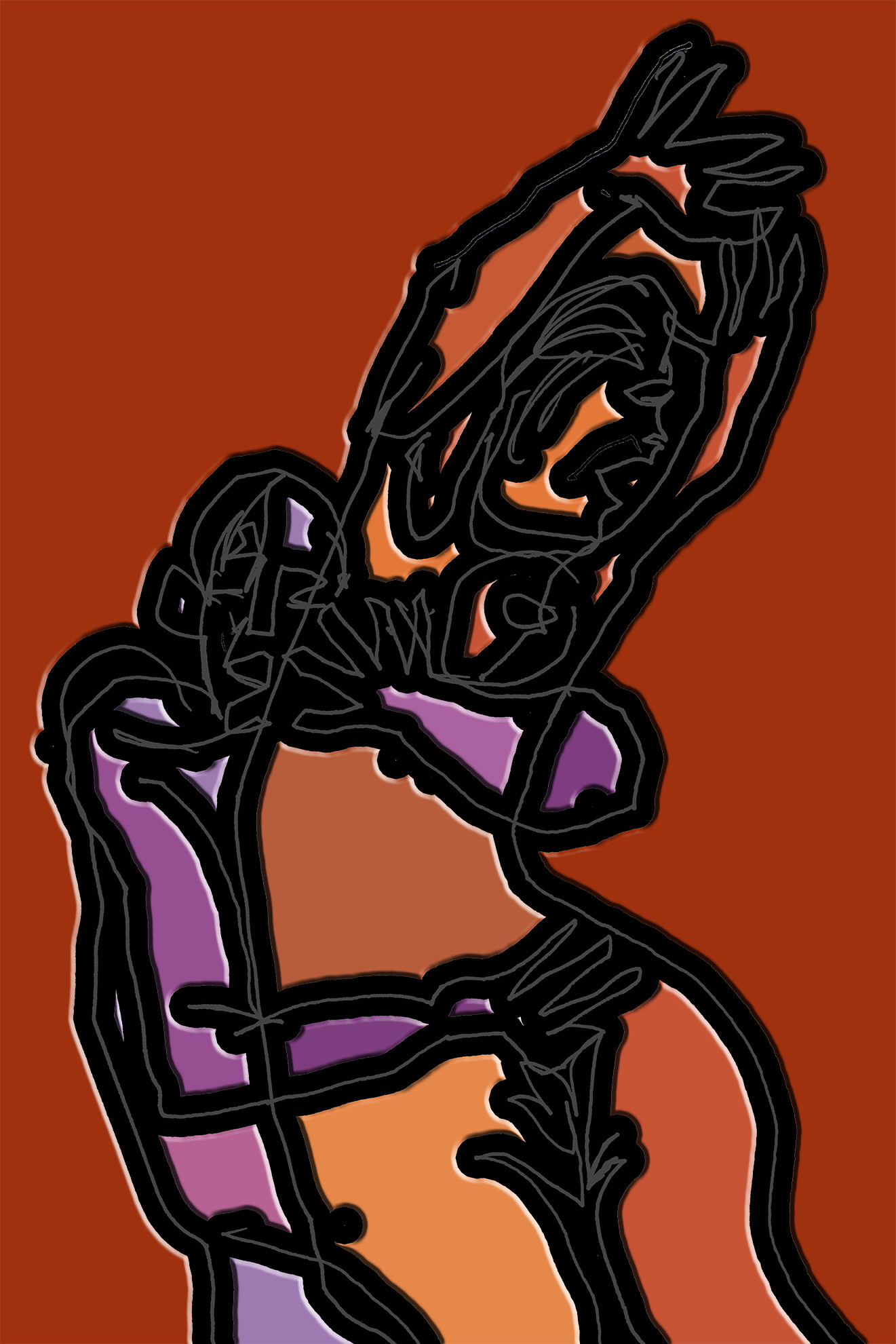 A partir de dessins en aveugle, pour les Couples Colonnes, liberté de mise en page et gamme de couleur réduite. Travail sur les contours, noirs et épaisRéalisation sur ordinateur et palette graphiqueImpression jet d'encre   60 x 40   mai à juillet 2024