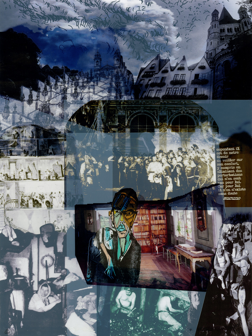 KAFKA. LE CHATIMENT D'AMALIA 12Description :Cependant il est de notre devoir de veiller sur son confort, y compris en éliminant des perturbations qui n’en sont pas pour lui. Car pour lui il n’en existe sans doute aucune.Image en hauteur au format 30 x 40 cm.Photo montages numériques, dessin, impression par jet d’encres aux pigments, sur des transparents superposés.