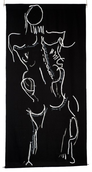 NDM_CL_dostoile tissu noir - dessins de Mado numérisés et agrandis par vidéo projectionDessin à la peinture acrylique blanche, directement au tube, pour créer unrelief, perceptible par les non voyants.200 x 100     2009-2010