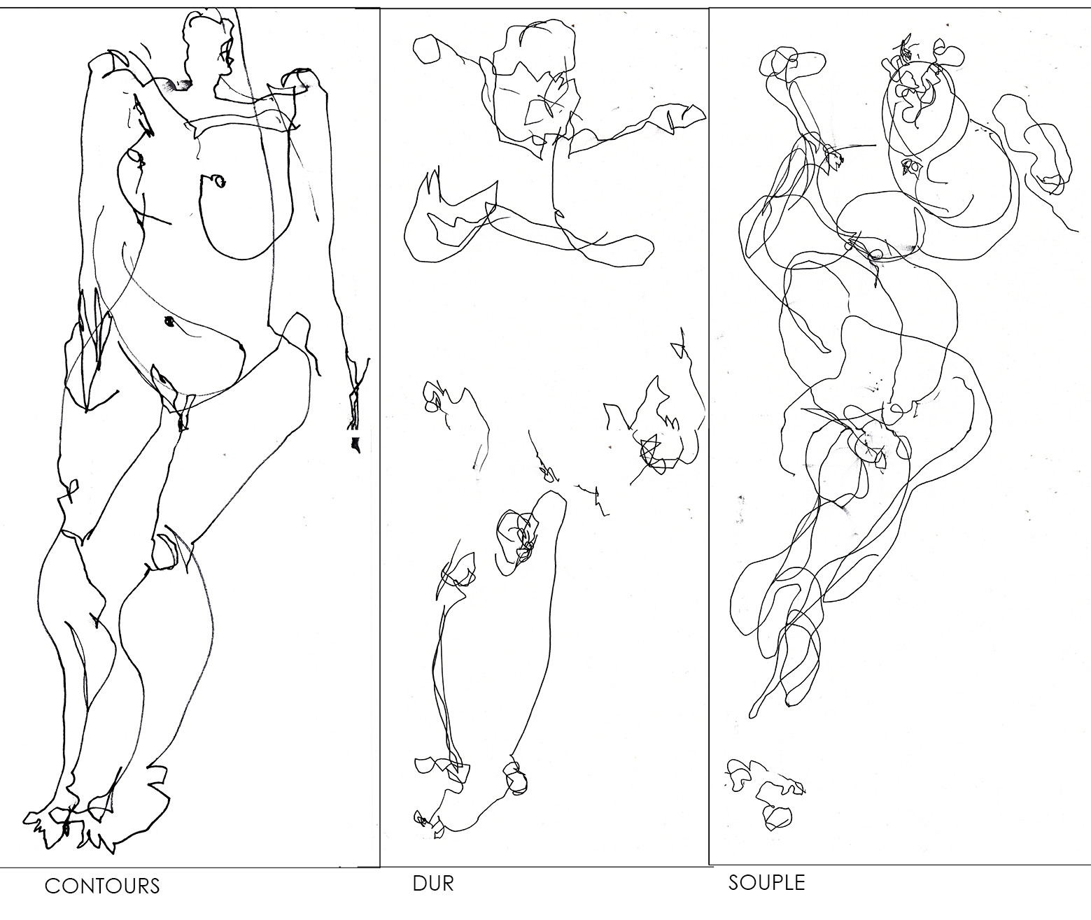 les dessins à vocation descriptive:CONTOURS, DUR, SOUPLEils sont tracés, le dessinateur ayant les yeux bandés, sur feuille 21 x 46,36, format homothétique à la feuillede Polyester qui est le support.