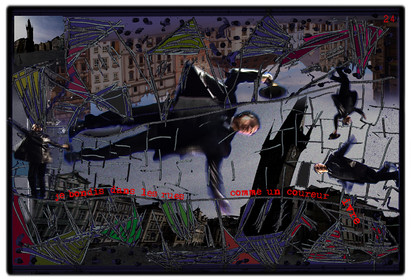 KAFKA. VERS MINUIT 24Je bondis dans les rues, comme un coureur ivre.image en largeur, au format 30 x 40 cmPhoto montages numériques sur palette graphique, dessin, blue screen, impression jet d’encres aux pigments.