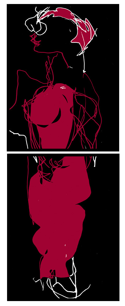 DE  MA  3DESSIN EN AVEUGLE, les yeux bandés, par touché du corps. Dessins repris scannés et travaillés sur palette graphique. Chaque image, au format 30 x 40, est imprimée par jet d'encres aux pigments.Les initiales désignent en premier celui qui dessine, en second, celui qui est dessiné80 X 30   octobre 2010