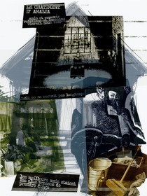 KAFKA, LE CHÂTIMENT D'AMALIAAmis et ennemis, relations et inconnus, vinrent nous voir.Mais on ne restait pas longtemps.Les meilleurs amis étaient les plus pressés de prendre congé.Image en hauteur au format 30 x 40 cm.Photo montages numériques, dessin, impression par jet d’encres aux pigments, sur des transparents superposés.