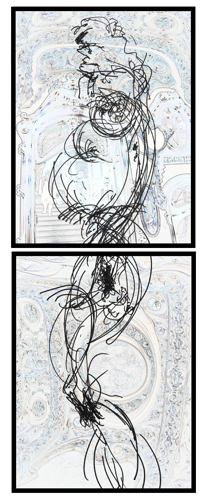 CL  OL  2DESSIN EN AVEUGLE, les yeux bandés, par touché du corps. Dessins repris scannés et travaillés sur palette graphique. Chaque image, au format 30 x 40, est imprimée par jet d'encres aux pigments.Les initiales désignent en premier celui qui dessine, en second, celui qui est dessiné80 X 30   octobre 2010