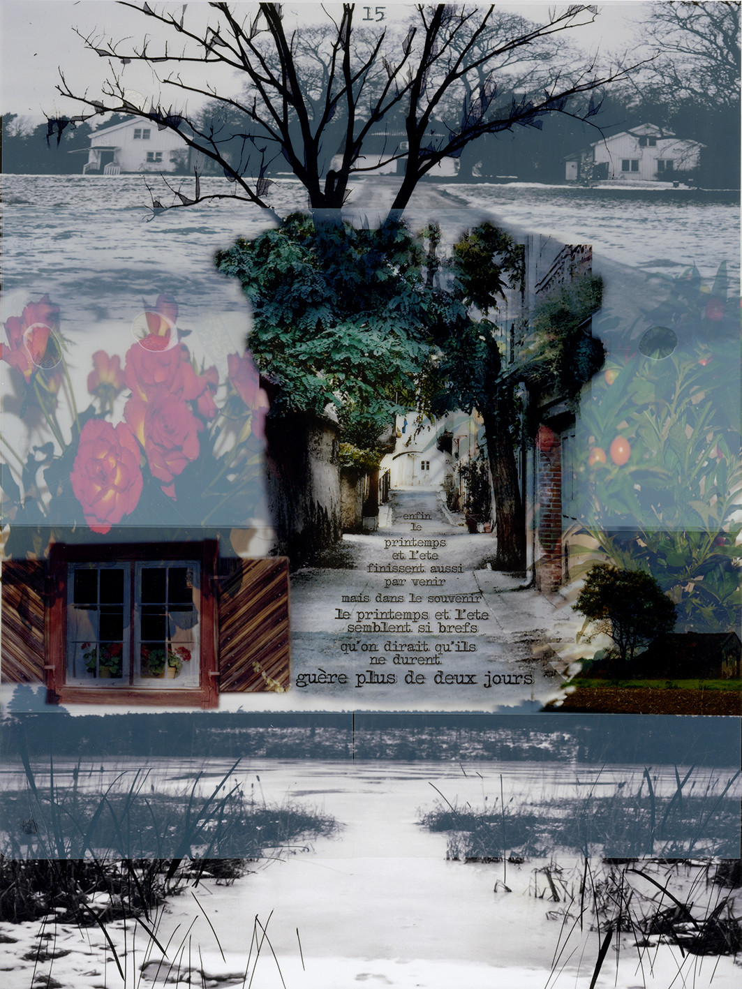 KAFKA. LE CHATIMENT D'AMALIA 15Description :Enfin le printemps et l’été, finissent aussi par venir, mais dans le souvenir, le printemps et l’été semblent si brefs, qu’on dirait qu’ils ne durent guère plus de deux jours.Image en hauteur au format 30 x 40 cm.Photo montages numériques, dessin, impression par jet d’encres aux pigments, sur des transparents superposés.