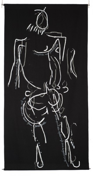 toile tissu noir - dessins de Mado numérisés et agrandis par vidéo projectionDessin à la peinture acrylique blanche, directement au tube, pour créer unrelief, perceptible par les non voyants.200 x 100     2009-2010NDM - DE - DOS