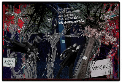 KAFKA. VERS MINUIT 21Des arbres avec les noms des héros, des criminels et des amants.image en largeur, au format 30 x 40 cmPhoto montages numériques sur palette graphique, dessin, blue screen, impression jet d’encres aux pigments.