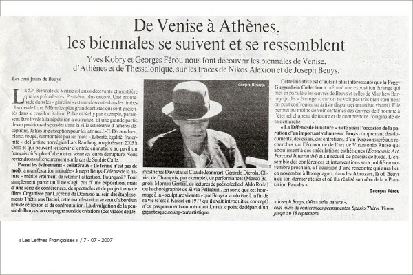 LESLETTRES FRANCAISES  7 - 07 - 2007Biennale de VeniseLe présent n'a pas d'ÂgeVidéo pour Démosthènes Davvetas