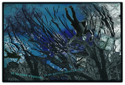 KAFKA. VERS MINUIT 20Et le vent s’apaisa, et se perdit dans le soir.image en largeur, au format 30 x 40 cmPhoto montages numériques sur palette graphique, dessin, blue screen, impression jet d’encres aux pigments.