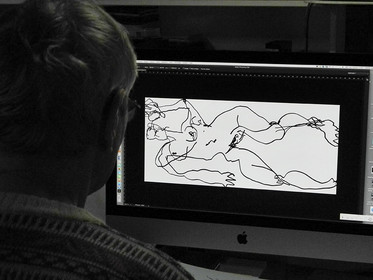 numérisation des dessins, auxquels sont attribuées des couleursarbitraires pour aider à dessiner les tracés sur les grandes feuilles de polyester