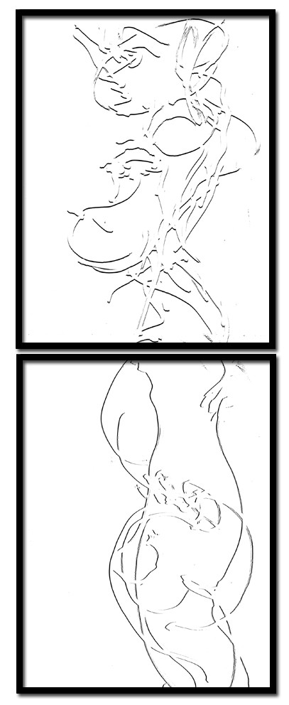 CL  HE -  PROFIL BLANCDESSIN EN AVEUGLE, les yeux bandés, par touché du corps. Dessins repris scannés et travaillés sur palette graphique. Chaque image, au format 30 x 40, est imprimée par jet d'encres aux pigments.Les initiales désignent en premier celui qui dessine, en second, celui qui est dessiné80 X 30   octobre 2010