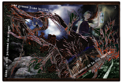 KAFKA. VERS MINUIT 5Dans un ciel parsemé de nuages, une grosse lune brillait, au dessus de la rue déserte.image en largeur, au format 30 x 40 cmPhoto montages numériques sur palette graphique, dessin, blue screen, impression jet d’encres aux pigments.