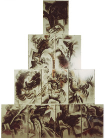 Légende :	N° 1 - fusain, craie Conté, pochoirs - 12  82Description :série des PYRAMIDES - 260 x 200 ( 10 feuilles 50 x 65 )