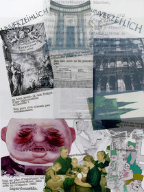 KAFKA. LE CHATIMENT D'AMALIA 5Description :Pouvait-il citer une mesure officielle prise à son encontre ? Non, mon père ne le pouvait pas. Ou bien avait-il fait l’objet d’une intervention officielle ?Mon père n’en n’avait pas connaissance.Mais s’il n’était au courant de rien, que pouvait-on lui pardonner ?Image en hauteur au format 30 x 40 cm.Photo montages numériques, dessin, impression par jet d’encres aux pigments, sur des transparents superposés.Tout au plus d’importuner en vain l’administration, mais cela en revanche,était IMPARDONNABLE.